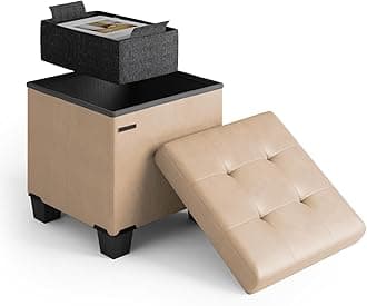 Storage Ottoman Cube with Small Bin, 16-in Square Ottoman with Storage for Living Room and Bedroom, Small Ottomans Foot Rest, Faux Leather Foot Stools Ottomans Max 330lbs, Taupe