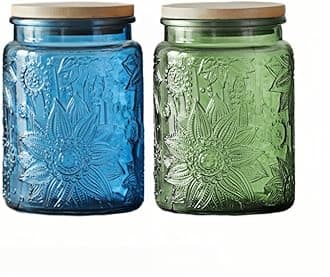 ANSQU Set of 2 Vintage Glass Canister, 23.7oz Candy Jars with Lids, Vintage Colored Mason Jar for Kitchen Decorative Jars for Coffee Tea Cookies, Cute Jar (Blue & Green)