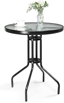 Outdoor Bistro Table, 24" Patio Table Steel Frame Tempered Glass Top, Dining Tables for Balcony Garden Poolside (24‘’ Round)
