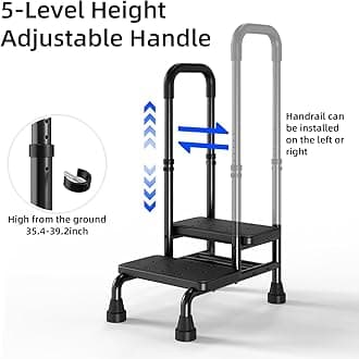 2 Step Stool with Handle for Seniors - Adjustable Handrail &Non-Skid Platform, Heavy Duty 2 Step Stool for Adults, Elderly, Foot Stool for Bedside, Kitchen, Car, Bathtub