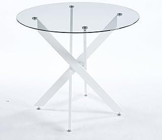 Kitchen Dinner Table Glass Small Round Dining Table, 35.43" Circle Dining Table Dining Room Table with Tempered Glass Top Metal Legs for Small Spaces (White-Round 35.43x29.6)