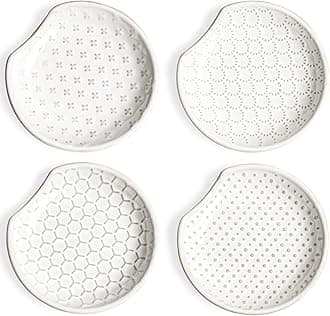 Ceramic Spoon Rests for Stove Top, Set of 4 Modern Farmhouse Spoon Holder for Kitchen Counter & Coffee Bar, 4.8 Inch Heat Resistant Utensil Rest for Cooking, Embossed, White