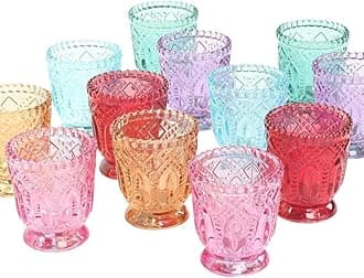 Koyal Wholesale Jewel Tone Votive Vintage Glass Candle Holders, 12-Pack, Multicolor Jewel Candle Set of Votives for Wedding Inspiration, Tropical Decor, Moroccan Theme (Assorted)