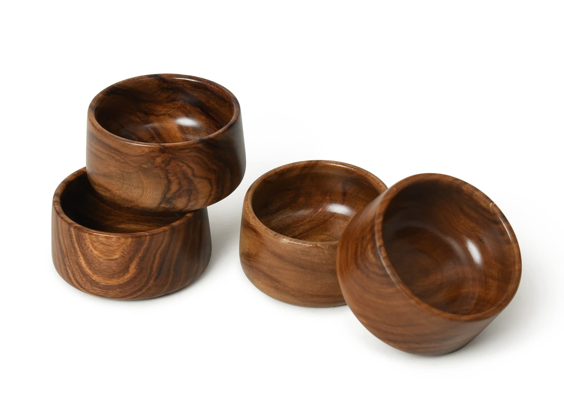 Woodenclave Handcrafted Solid Wooden Round Shape Multipurpose Serving Bowl for Breakfast Snacks Soup Serveware Salad Bowls for Home Kitchen - Set of 4 (Brown)