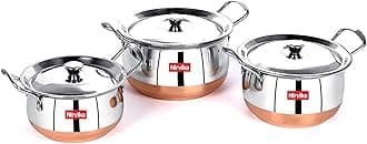 Stainless Steel Copper Bottom Handi Set 3 Pcs with lid Kitchen Serving,Utensils Cooking Bowl Cookware Set Dinner patila tope Size:- 750 ML,1000 ML,1500 ML