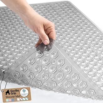 Patented Bath Tub Shower Mat, Machine Washable Bathtub Floor Liner Mats, Suction Cups and Drain Holes to Keep Tubs Clean, Soft on Feet, Bathroom Essentials, 35x16 Inch, Clear Gray