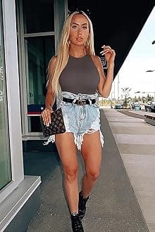 FUNNYBSG Women’s Sexy Ribbed Bodysuit Tops - 3 Piece Sleeveless Halter Neck Bodysuits with Tummy Control (Color : Black Tea Leaf Beige, Size : M)