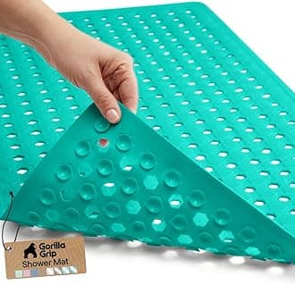 GORILLA GRIP Patented Bath Tub Shower Mat, Machine Washable Bathtub Floor Liner Mats, Suction Cups and Drain Holes to Keep Tubs Clean, Soft on Feet, Bathroom Essentials, 35x16 Inch, Turquoise Opaque