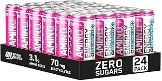 Optimum Nutrition Essential Amino Energy + Electrolytes, Ready to Drink Sugar Free EAA Energy Drink with Electrolytes and Caffeine, Workout Supplement for Men and Women, Pink Lemonade, 24x250 ml