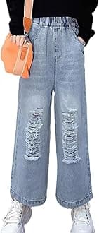 NABER Kids Girls Elastic Waist Cool Ripped Jeans Washed Denim Wide Leg Ripped Denim Jean Age 5-15 Years