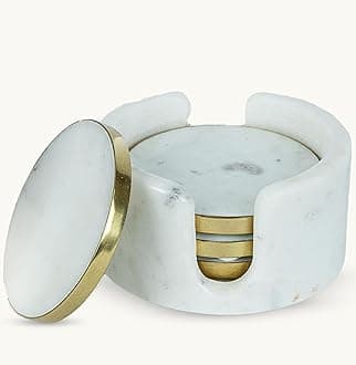 4'' White Marble Coasters with Holder for Drinks, Tabletop & Coffee Table | Easy Clean, Non-Slip & Heat-Resistant, Party/Office/Home Decor | 4 Inches, Set of 4, Gold Brass Rim, Round