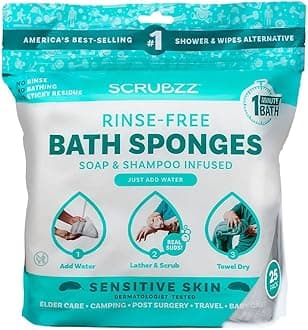 Scrubzz Disposable No Rinse Bathing Wipes for Senstive Skin - 25 Pack - All-in-1 Single Use Shower Wipes, Simply Dampen, Lather, and Dry Without Shampoo or Rinsing (Sensitive Skin, 1-Pack)