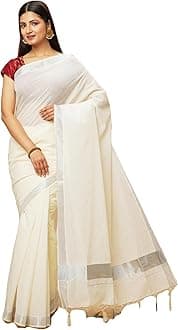 manvish drapes Solid/Plain Kasavu Pure Cotton Saree with Tassels