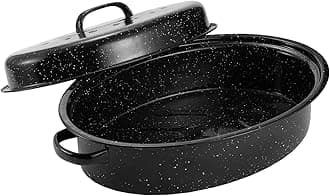 Granite Roasting Pan, Medium 16” Enameled Roasting Pan with Domed Lid. Oval Turkey Roaster Pot, Broiler Pan Great for Small Turkey, Chicken, Ham, Dishwasher Safe Fit for Roast 12Lb Bird by