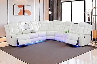 A AinehomePower Recliner Set, Leather Sectional Sofa Set for Living Room, Home Theater, with LED Lights, Cup Holder, Hide-Away Storage, Wireless Charging(A-Creamy White)