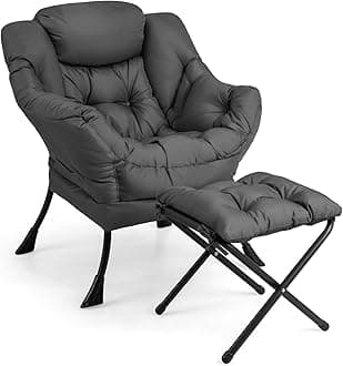 Giantex Lazy Chair with Ottoman, Accent Sofa Chair with Folding Footrest, Side Storage Pocket, Upholstered Leisure Lounge Armchair with Stool for Bedroom, Living Room, Office, Gray