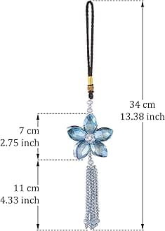 Crystal Flower Rear View Mirror Pendant Car Hanging Ornament Lucky Charm with Dangle Beads, Blue