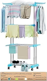 LIVINGBASICS 3 Tier Premium Heavy Duty Stainless Steel Foldable Cloth Drying Stand/Clothes Stand for Drying/Cloth Stand/Clothes Dryer/Laundry Racks for Drying - Indoor/Balcony (Cyan Blue)