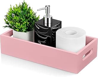 ALELION Pink Bathroom Basket for Organizing - Wooden Toilet Tank Paper Basket with Handle for Back of Toilet Tank Top Organizer - Pink Kitchen Bathroom Decor Accessories