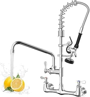 Commercial Wall Mount Kitchen Faucet with Pull Down Pre-Rinse Sprayer, Adjustable Swing Spout, Heavy-Duty Utility Sink Tap for Restaurant, Bar, 3 Compartment Sinks