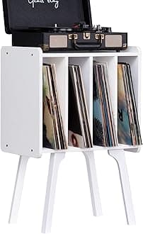 LELELINKY Small Record Player Stand - Width 11.7 In, White Vinyl Record Storage Table with 4 Cabinet Up to 80 Albums, Vinyl Holder with Wood Legs,Turntable Stand Display Shelf for Bedroom Living Room