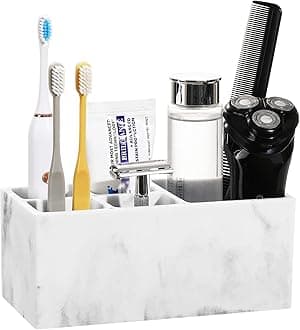 Luxspire Resin Toothbrush Holder, 5 Slots Hygienic Handmade Toothbrush Storage Stand Dispenser Bathroom Organizer Set for Toothpaste, Razor - Ink White