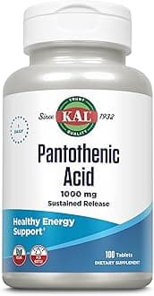 KAL Pantothenic Acid 1000mg Supplement for Men & Women - Vitamin B5 1000 mg, Supports Cellular Energy Metabolism, Nerve Function, Sustained Release, Vegan - 100 Tablets