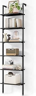 ODK 6-Tier Ladder Bookcase, Industrial Storage Shelf with Metal Frame for Living Room, Home Office, Kitchen & Bedroom, Space Saving Freestanding Organizer Rack, Black (8" D x 16" W x 87" H)