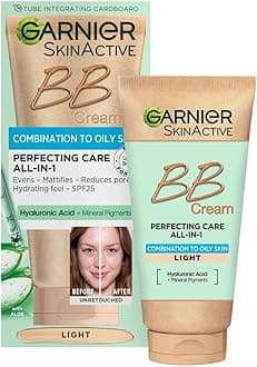 Garnier Oil-Free Perfecting All-in-1 BB Cream, Shade Light, Tinted Moisturiser SPF25, Mattifies Skin & Evens Complexion, With Hyaluronic Acid, Aloe & Mineral Pigments, 50ml