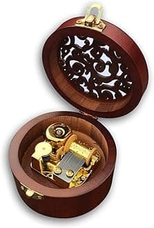 BinkeGG Play (My Heart Will Go On) Brown Wooden Circular Hollow Out Music Box with Sankyo Musical Movement (65 Tunes Option)