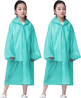 Kids Rain Poncho (2 Pack), Reusable EVA Children Raincoat for 6-13 Girls Boys, Waterproof Long Rain Jackets with Hood (2 Green)