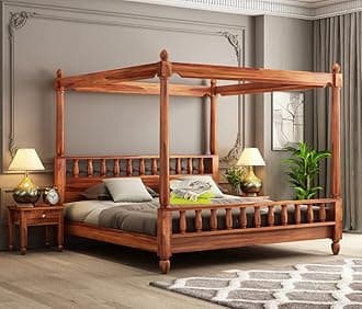 Sheesham Solid Wood Poster Bed Without Storage Queen Size Bed for Beautiful Bedroom Honey Finish (Queen Size 1.87L x 1.93W x 1.90H Meters)