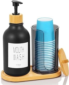 VITVITI Mouthwash Dispenser for Bathroom, Mouth Wash Pump Bottle with Paper Cup Holder, 17Oz Refillable Black Mouthwash Container with Bamboo Lid/Tray/Label (BJ002)