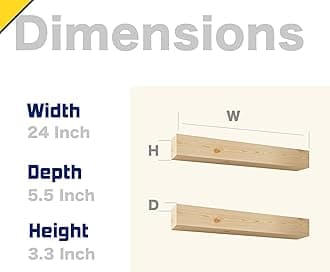 ROOREVO Wall Floating Shelves, Rustic Wood Shelf for Wall Mounted - Wooden Handmade Shelves for Bathroom Kitchen Livingroom - No Stain - DIY(Unfinished, 24 Inch - 2 Pack)