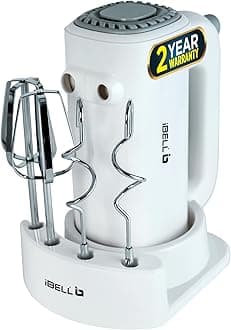 - iBELL WHISK350 Electric Hand Mixer - 350W with 5 Speed Control, Stainless Steel Beaters & Dough Hooks for Baking, Whipping & Mixing (White)