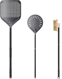 3 Piece Pizza Oven Kit Turning Peel 9 Inch, 12"x14" Aluminum Perforated Pizza Peel, Commercial Oven Brush Accessoires for Home, Restaurant