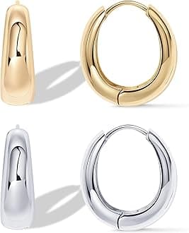 14K Gold Plated 925 Sterling Silver Post Small Chunky Hoops Earrings | Thick Lightweight Gold Hoop Earrings for Women
