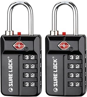 SURE LOCK TSA Approved 4-Digit Resettable Combination Luggage Locks with Open Alert, Easy-Read Dials - for Luggage, School Lockers, Gym, Office, Toolbox & Security Cases (Black 2 Pack)