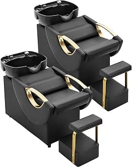 Shampoo Bowl and Chair Set for Salon – Backwash Barber Sink Station with Footstool & Gold Armrests – Heavy Duty 450lbs Hair Washing Chair with Deep Basin & Neck Rest for Spa Beauty Stylist