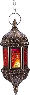 Nuptio Moroccan Candle Lantern Hanging Tea Light Candle Holders Metal & Glass Ramadan Lamp Brown Decorative Lanterns for Candles for Living Room Balcony Patio Halloween Christmas Decorations, 1 Pc