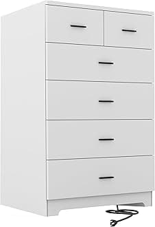 Dresser with Power Outlets Wooden 6 Drawer Dresser with Large Organizer White Dresser and Tall Dresser with Smooth Metal Rail Chest of Drawers Closet Modern Dresser for Bedroom Hallway