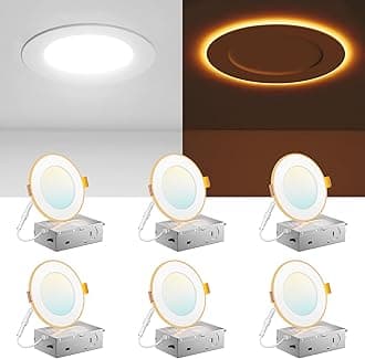 6 Pack 4 Inch 5CCT LED Recessed Ceiling Light with Night Light, 2700K/3000K/3500K/4000K/5000K Selectable Ultra-Thin Recessed Lighting, 10W=90W, 700LM, Dimmable Canless Wafer Downlight - ETL&FCC