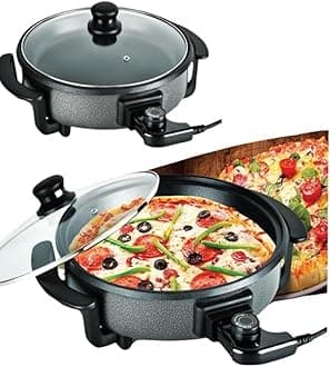 Electric Pizza Pan, Multifunctional Cooking Pan with Glass Lid, Handle & Heat Adjustable Thermostat Power Cord, 42x42CM Surface & 9CM Depth Frying Pan, Electric Pizza Maker (Pizza Pan)