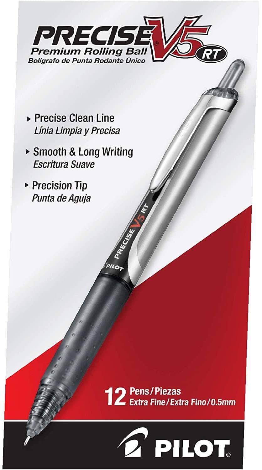 Pilot Precise V5 RT Refillable & Retractable Rollerball Pens, Extra Fine Point Pens 0.5 mm, Black, Pack of 12 - Ideal for School, Journaling & Office Writing