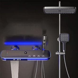 BEITH Thermostatic Shower System, Piano Keys Shower Column with Digital Display, Ambient Light 360° LED, 31 x 20 cm Square Shower Head, with Bath Taps, Spray Gun