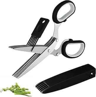 Gourmet Herb Scissors Set - Master Culinary Multipurpose Cutting Shears with Stainless Steel 5 Blades, Safety Cover and Cleaning Comb for Cutting Cilantro Onion Salad (Black)