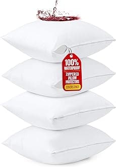 4 Pack Waterproof Throw Pillow Protectors with Zipper 26 x 26 Inches (White), Bed Bug Proof Pillow Case Covers, Moisture Wicking Pillow Encasements