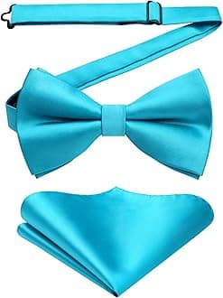 HISDERNMen's Solid Color Pre-tied Bow Tie Adjustable Tuxedo Two Layer Bow Tie and Pocket Square Set with Gift Box