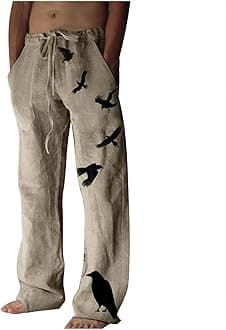 Men's Ethnic Style Printed Sweatpants Linen Vintage Elastic Waist Lace up Casual Pants Loose Fit Hippie Boho Trousers