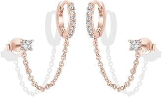 PAVOI 14K Gold Chain Earrings for Women | Double Piercing Dangle Chain Huggie Hoop Earrings | Cubic Zirconia Pearl Stud Ear Cuff Earrings for Women